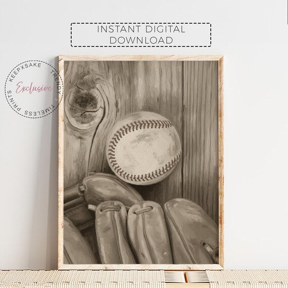 Vintage Baseball Wall Art Print – Sepia Watercolor Sports Decor, Classic Baseball Mitt & Ball Illustration for Boys Room or Nursery