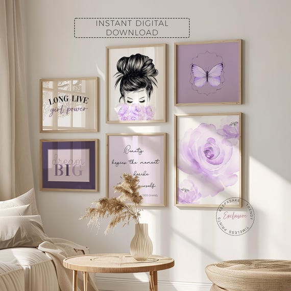 Teen Girl Fashion Gallery Wall Art Set of 6 | Glam Bedroom Rose Prints | Lavender Purple Decor | Perfume Print | Long Live Girl Power Quote
