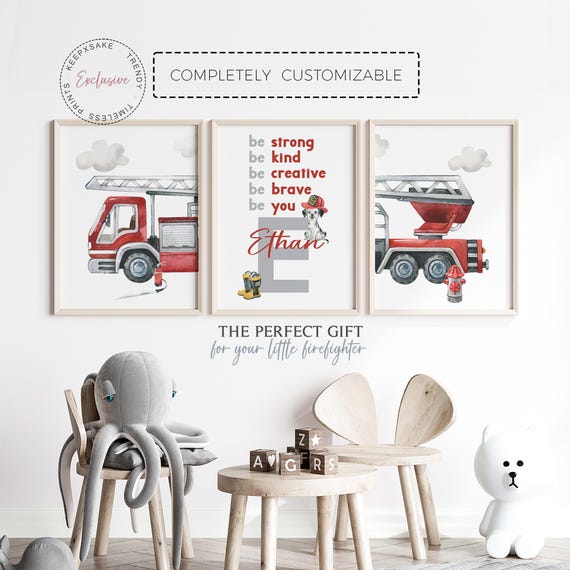 Rescue Vehicle Fire Truck Set of 3 | Boys Vehicle Positive Prints | Watercolor Fire Truck Decor | Toddler Boys Bedroom Wall Art | Boys Gift