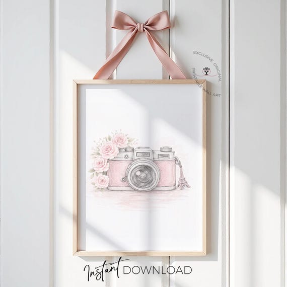 Vintage Pink Camera Wall Art Print | Paris Eiffel Tower Decor | Feminine Photography Art | Soft Floral Girls Room Printable
