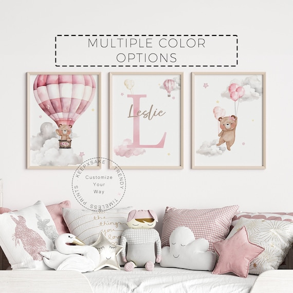 Girls Teddy Bear Nursery Prints | Bear Balloons Wall Art | Personalized Baby Girl Gift | Teddy Hot Air Balloon Wall Art | Baby Girl Nursery