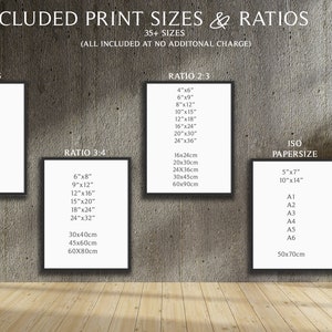 May include: Image showing print size options and ratios, including 4x5, 2x3, 3x4, and ISO paper sizes. The text includes sizes in inches and centimeters. A potted plant is on the right side of the image.