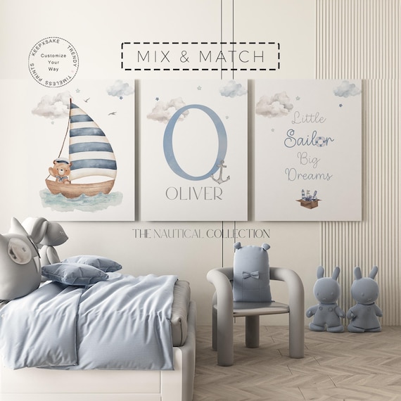 Set of 3 Nautical Teddy Bear Nursery Prints | Baby Blue Nursery Decor | Little Sailor Quote | Personalized SailBoat Wall Art | New Baby Gift