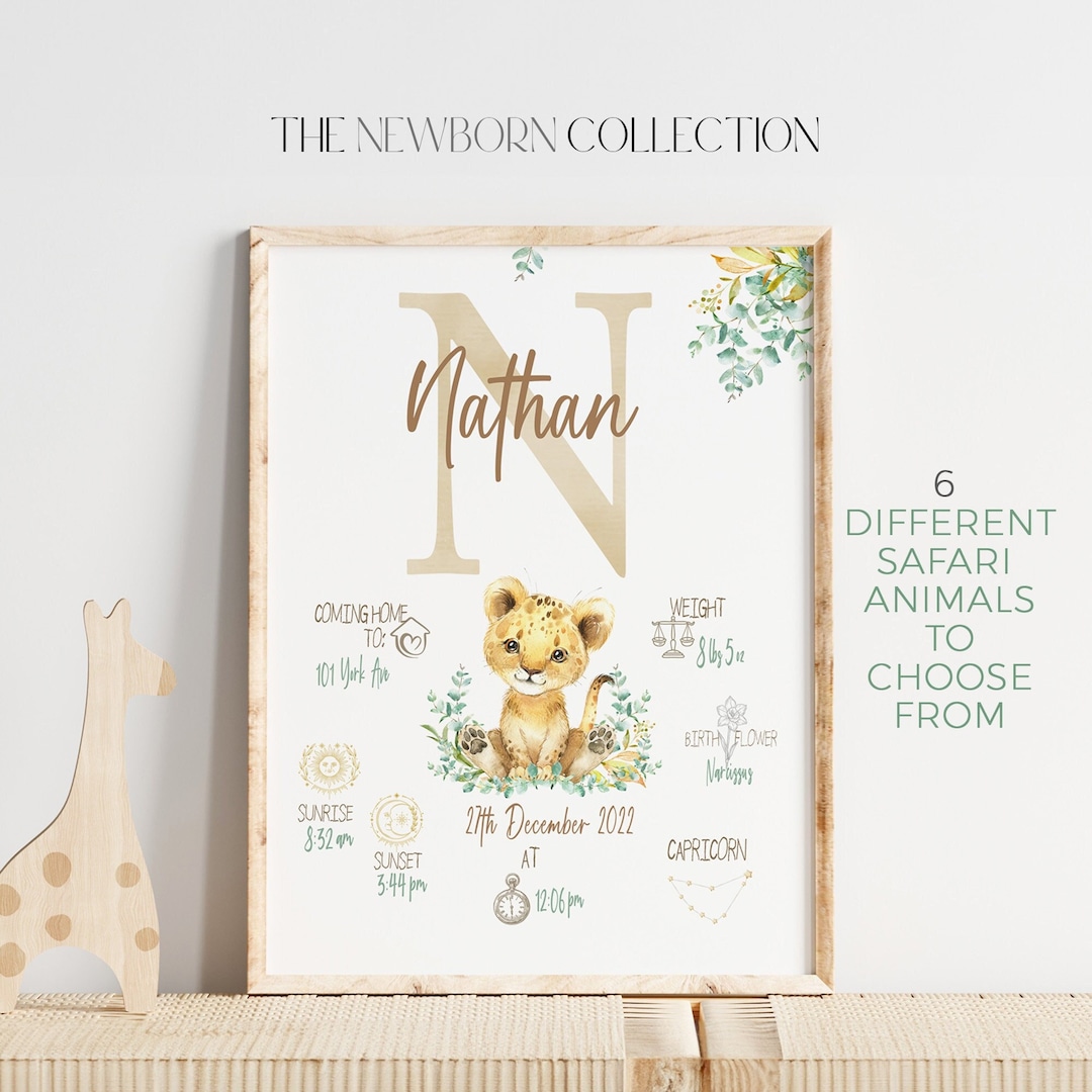 Birth Stats Print | New Baby Boy Gift | Safari Animal Birth Details ...