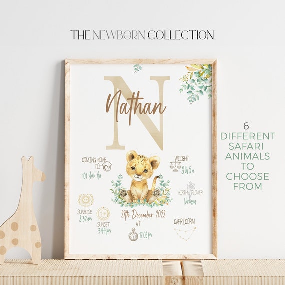 Birth Stats Print | New Baby Boy Gift | Safari Animal Birth Details Print | Newborn Custom Gift | Safari Nursery Decor | Christening Gift