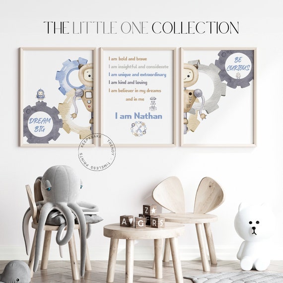 Robot Wall Art Affirmations, Personalized | Robot Prints, Set of 3  | Boys Positive Affirmations Prints | Toddler Affirmations Room Decor