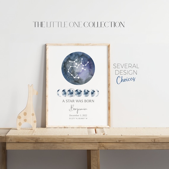 Personalized Baby Zodiac Print | Baby Boy Constellation Print | Baby Zodiac Sign Gift |Blue Grey Nursery Decor |Moon Phases Nursery Wall Art