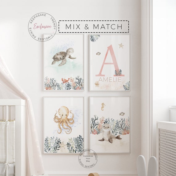Under the Sea Nursery Prints | Sea Life Nursery Prints Set of 4 | Girl Nursery Print | Ocean Animal Kids Room Wall Art | Whale Octopus Print