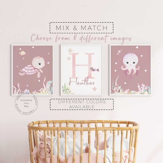 Under the Sea Girl Nursery Prints | Sea Animals Wall Art  | Custom Baby Name Sea Animal Posters | Girl Nursery Ocean Decor | Baby Girl Gift
