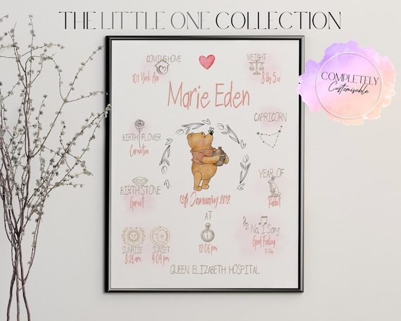 The Day You Were Born Custom Winnie the Pooh Newborn Print | Personalised Winnie the Pooh Print | New Baby Nursery Bedroom Wall Art Gift