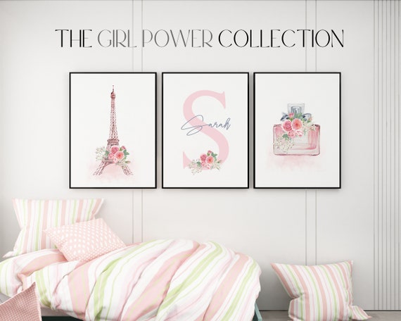 Teenage Girl Wall Art Set of 3 | Personalized Paris Fashion Wall Art | Custom Perfume Print | Eiffel Tower Print | Glam Wall Art Print