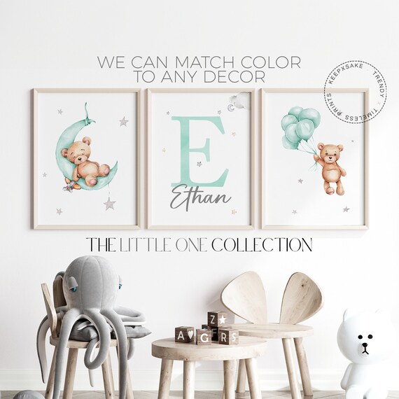 Set of 3 Teddy Bear Print | Personalized Name Print | Bear Nursery Decor | Baby Boy Print | Mint Green Nursery Poster |Balloon Nursery Decor