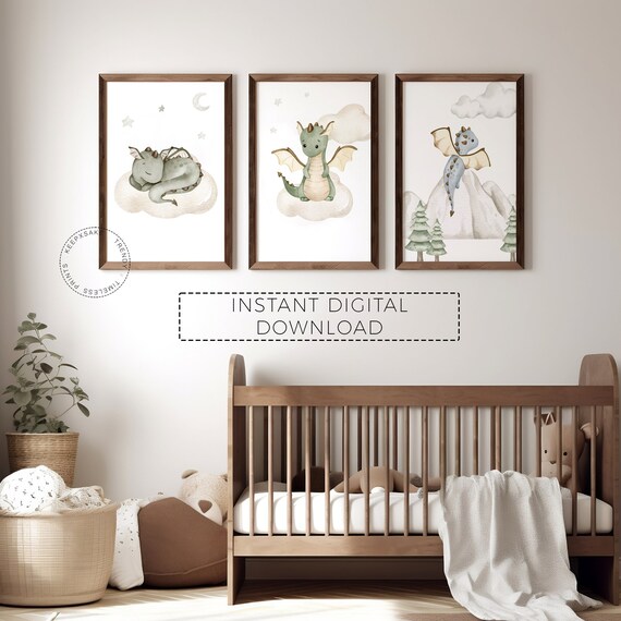 Baby Dragon Nursery Prints | Boy Nursery Wall Art, Set of 3 | Fantasy Nursery Decor | Baby Boy Mythical Creatures Nursery | Digital Download