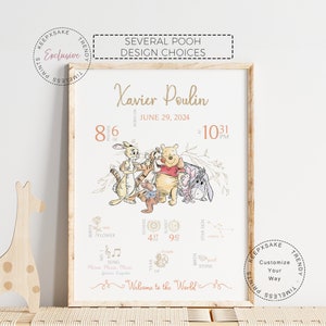 Regalo para bebé recién nacido / Impresión con detalles de nacimiento de Pooh y sus amigos / Impresión personalizada para bebé recién nacido / Regalo de bautizo / Decoración de guardería de Pooh / Impresión de estadísticas de nacimiento