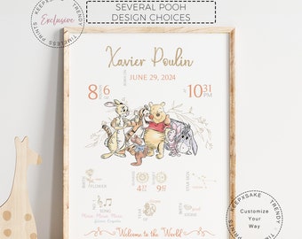 Winnie the Pooh Birth Details Print: Personalised Nursery Printable Wall Art