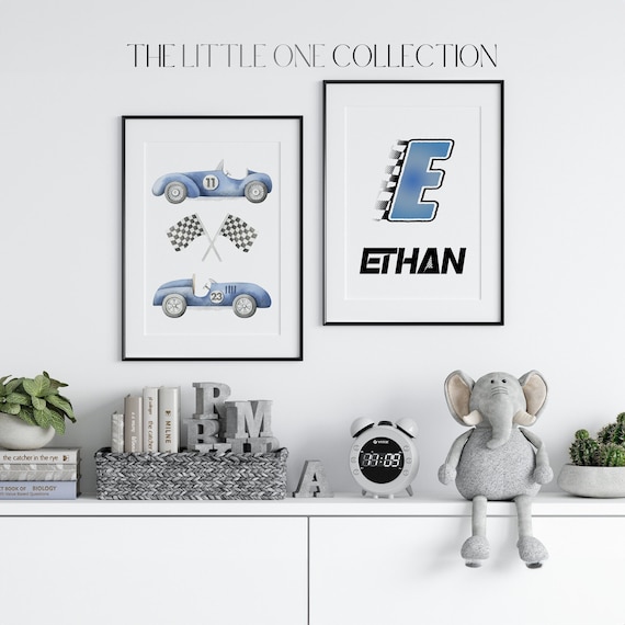 Personalized Vehicle Nursery Prints | Race Car Prints | Blue Gray Nursery Decor | Vintage Racing Car Prints | Boys Toddler Room Decor