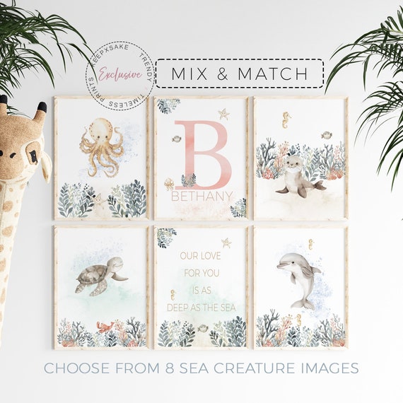 Under the Sea Nursery Prints | Sea Animal Wall Art, Personalized | Nautical Ocean Animal Posters | Girl Nursery Prints | Whale Octopus Print