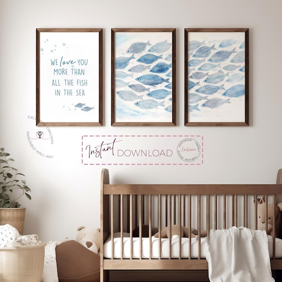 Watercolor Ocean Nursery Wall Art, Blue Fish Print Set, Coastal Baby Room Decor, We Love You More Than All the Fish Printable