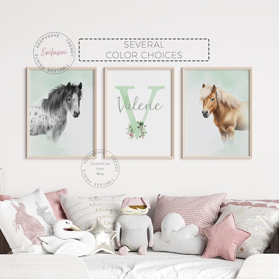 Floral Pony Wall Art | Horse Prints Personalized | Horse Bedroom Print, Set of 3 | Sage Green Decor | Horse Nursery Decor | Cowgirl Wall Art