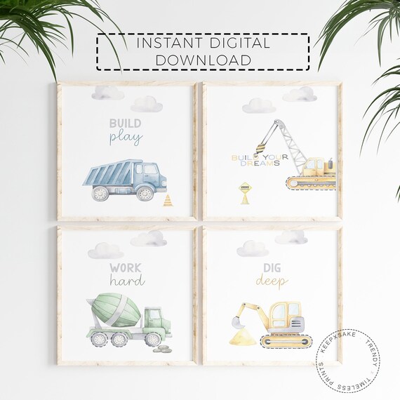 Construction Trucks Prints | Watercolor Construction Nursery Decor | Playroom Truck Vehicles Posters | Boys Room Wall Art | Digital Download