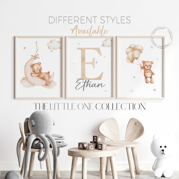 Set of 3 Teddy Bear Print | Bear Nursery Decor | Teddy Bear Balloons Art | Baby Boy Moon Nursery Decor | Brown Nursery Prints | Boho Nursery