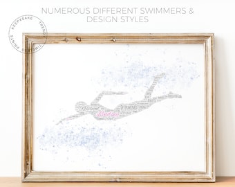 Personalized Word Art Swimmer Print | Custom Name Swimming Printable Art | Swim Gifts | Girl Bedroom Print Decor | Gifts for Girls Swimmer