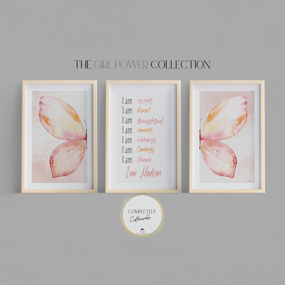 Girls Positive Affirmations Butterfly Print | Set of 3 Pink Butterfly Wall Art | Teen Bedroom Prints | Motivational Girls Printable Wall Art