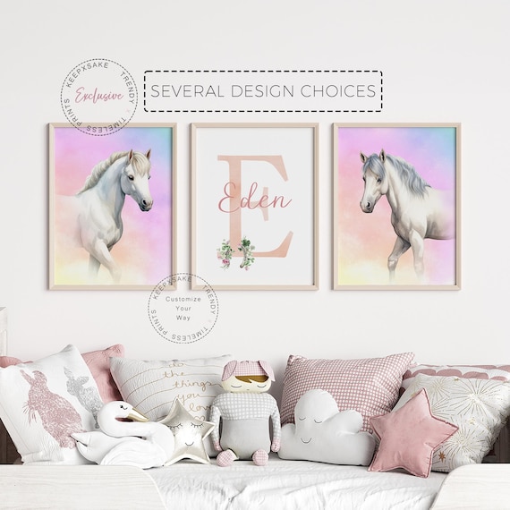 Floral Horse Wall Art | Horse Prints, Personalized | Horse Bedroom Print, Set of 3 | Rainbow Decor | White Horses Nursery Printable Wall Art