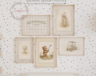 Set de láminas para habitación infantil con osito de peluche golfista / Decoración vintage de golf (Descarga digital)