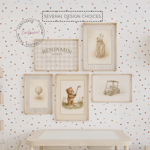 Vintage Teddy Golfer Nursery Gallery Wall Art |Boys Room Prints | Neutral Golf Nursery Print | Baby Boy Name Sign |Golf Themed Nursery Decor