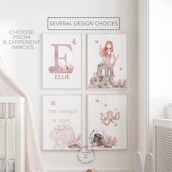 Mermaid Nursery Wall Art | Mermaid Prints, Personalized | Under the Sea Decor |Sea Turtle, Seahorse Girl Posters | Dusty Pink Nursery Decor