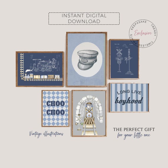 Train Gallery Wall Art Boys Bedroom, Set of 6 | Blue Locomotive Train Prints |Choo Choo Vintage Train Patents |Blue Grey Brown Nursery Decor