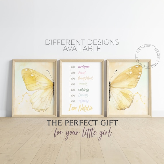 Yellow Butterfly Prints | Girl Positive Affirmation Wall Art | Butterfly Print | Pastel Butterfly Print | Toddler Rainbow Bedroom Decor