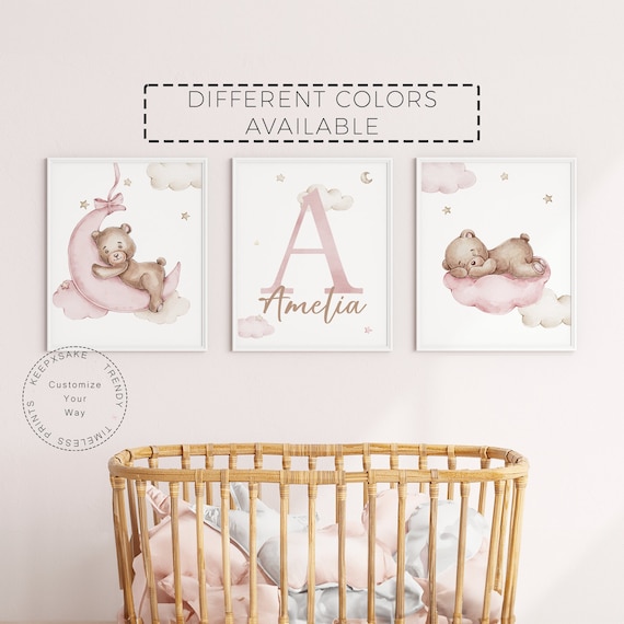 Set of 3 Teddy Bear Print |Personalized Name Print |Bear Nursery Decor |Baby Girl Print |Blush Pink Nursery Poster |Moon Stars Nursery Decor