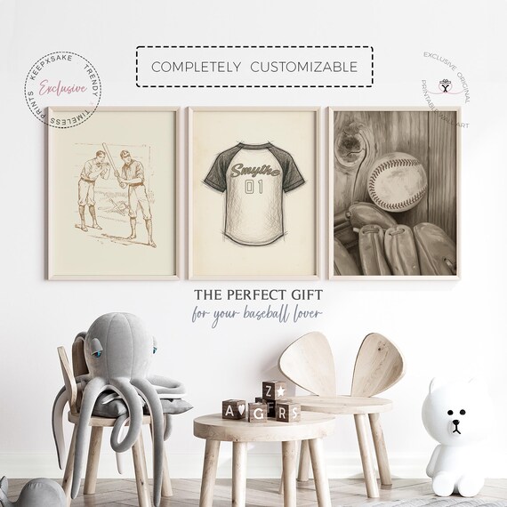 Personalized Vintage Baseball Wall Art Set – Custom Jersey Print, Hand-Sketched Watercolor Sports Decor for Kids Room & Nursery