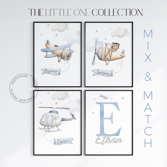 Boy Nursery Room Print Personalized |Airplane Nursery Decor |Blue Beige Nursery |Custom Airplane Wall Art |Boys Inspirational Words Set of 4