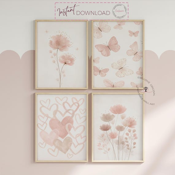Boho Blush Pink Botanical Butterfly Nursery Art Set of 4 | Watercolor Flowers & Hearts Neutral Wall Decor for Girls Bedroom