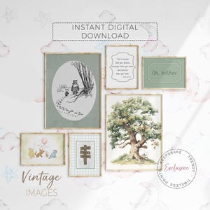 Vintage Winnie the Pooh Nursery Art Prints: Sage Green Decor (Digital Download)