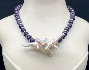 Amethyst Halskette und Armband Set mit Barock Perlen