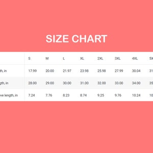 May include: Size chart for clothing with measurements in inches for width, length, and sleeve length. Sizes range from S to 5XL.