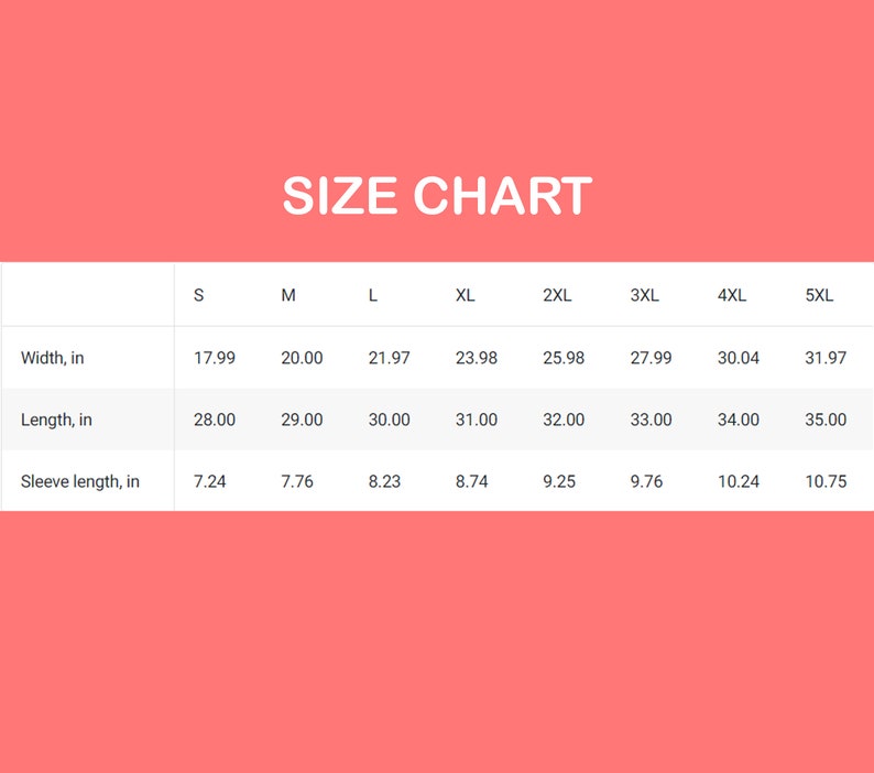 May include: Size chart for clothing with measurements in inches for width, length, and sleeve length. Sizes range from S to 5XL.