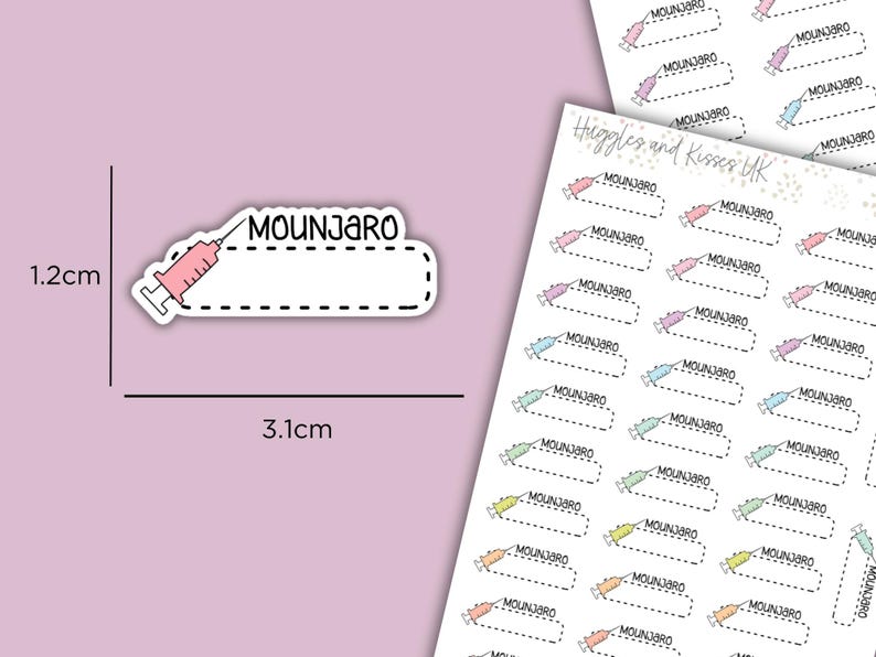 May include: A sticker with the word "MOUNJARO" and a syringe illustration. The sticker is 3.1cm long and 1.2cm high. Additional stickers with the same design are visible in the background. The stickers are on a light pink background.