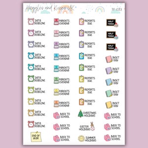 May include: A sheet of colourful stickers with various school-related themes, including data deadlines, parents' evenings, reports due, inset days, half term, Christmas holidays, Easter holidays, summer holidays, and back to school. The stickers feature illustrations of clocks, calendars, school bags, and other relevant icons.