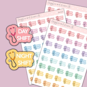May include: A sheet of stickers with a stethoscope design. The stickers have a variety of colors and say "Day Shift" and "Night Shift".