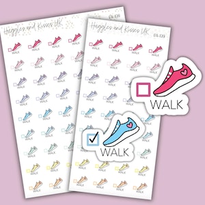 May include: Two sheets of stickers with colorful running shoe illustrations and the word "WALK" printed on each sticker. One sticker has a checkmark and the other has an empty square.