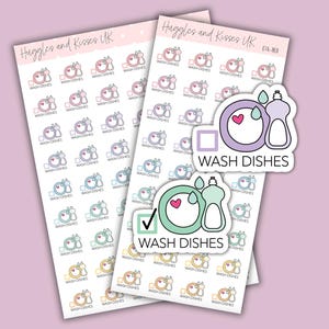 May include: A sheet of stickers with a variety of pastel colored illustrations of dishes, soap bottles, and water drops. The stickers say "Wash Dishes" and have checkboxes.