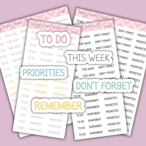 May include: Planner stickers with phrases such as "To Do", "This Week", and "Priorities". The stickers are in pastel colours and feature a handwritten font. The background is a light pink with a chevron pattern.
