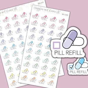 May include: A sheet of colorful pill refill stickers with a check box and the text "PILL REFILL". The stickers are designed to be used in a planner or journal.