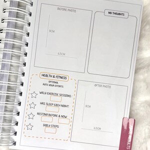 May include: A white spiral-bound planner open to a page with sections for photos, notes, and health tracking. The page includes prompts for weekly exercise, sleep, and daily steps. A pink tab reads "FINAL RESULTS."