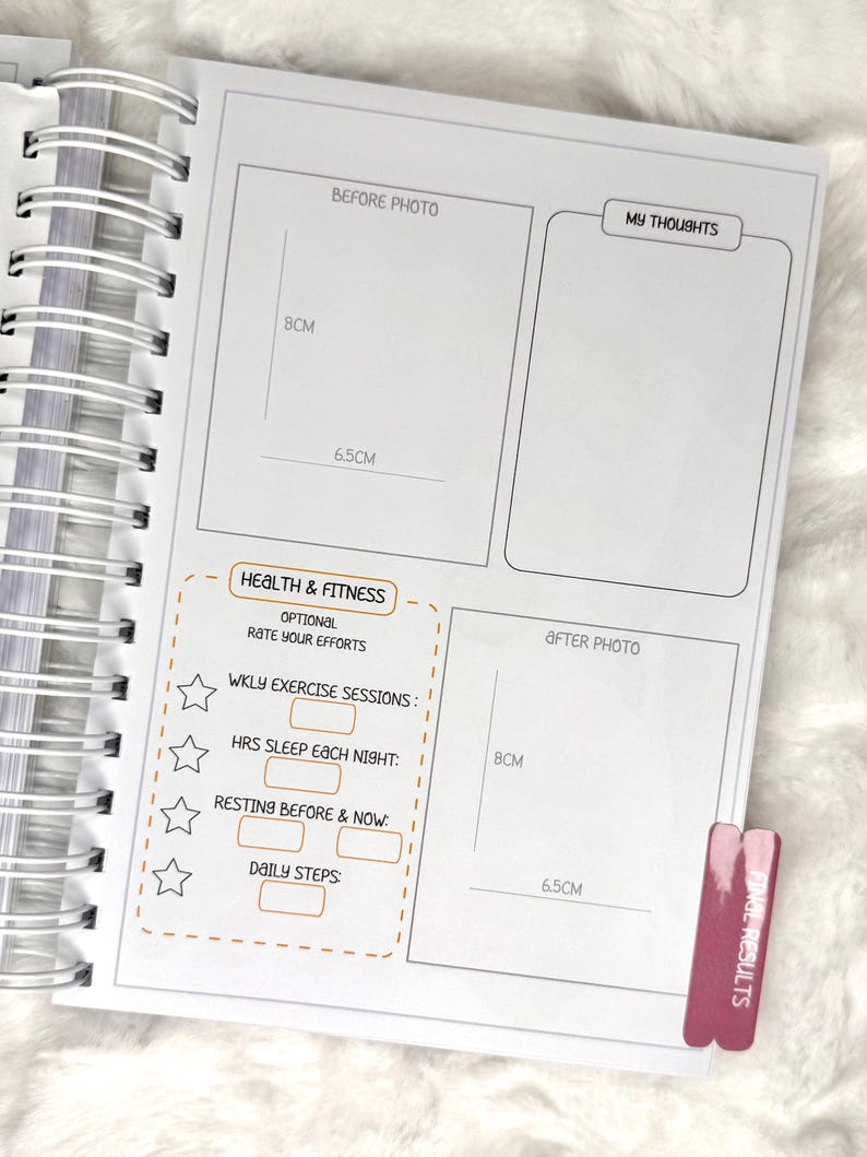 May include: A white spiral-bound planner open to a page with sections for photos, notes, and health tracking. The page includes prompts for weekly exercise, sleep, and daily steps. A pink tab reads "FINAL RESULTS."